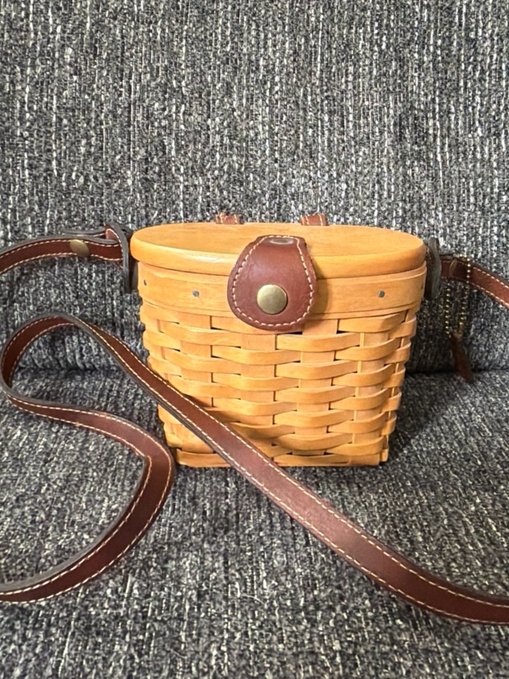 Longaberger Tan Woven Mini Crossbody with Brown Leather Trim